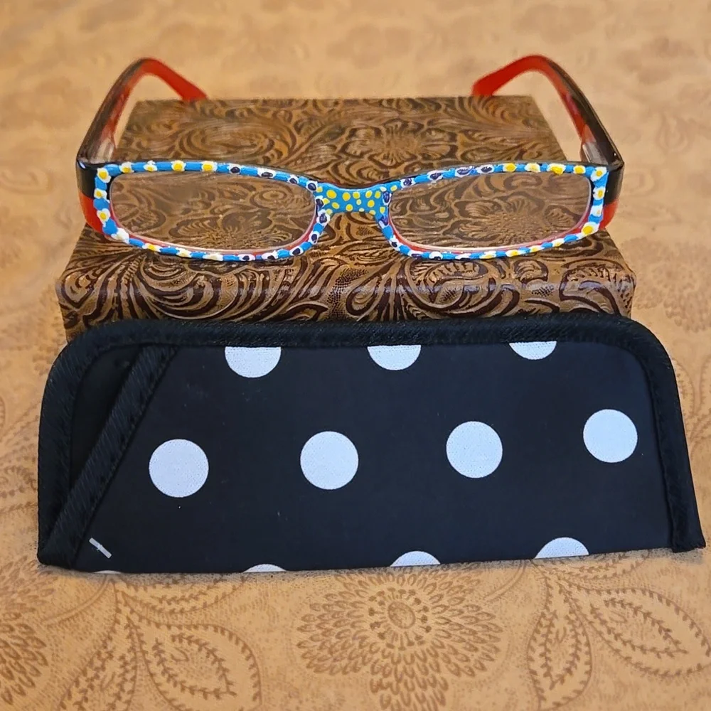 Hand Painted +1.25 Reading Glasses, rectangular shape with soft sleeve Case